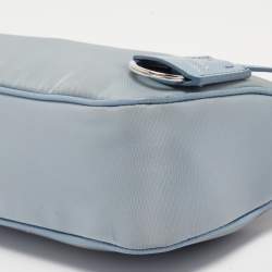 Pre Owned Prada Light Blue Nylon and Leather Re-Edition 2005 Baguette Bag