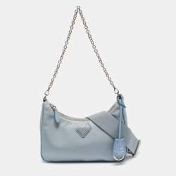Pre Owned Prada Light Blue Nylon and Leather Re-Edition 2005 Baguette Bag