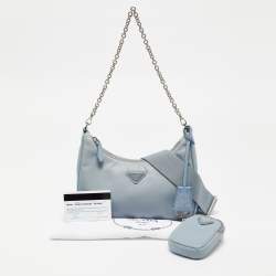 Pre Owned Prada Light Blue Nylon and Leather Re-Edition 2005 Baguette Bag