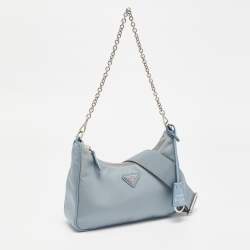 Pre Owned Prada Light Blue Nylon and Leather Re-Edition 2005 Baguette Bag