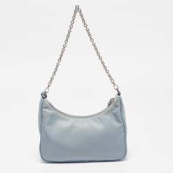 Pre Owned Prada Light Blue Nylon and Leather Re-Edition 2005 Baguette Bag