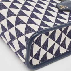 Pre Owned Prada Baltic Blue/Chalk White Embroidered Fabric Small Symbole Tote