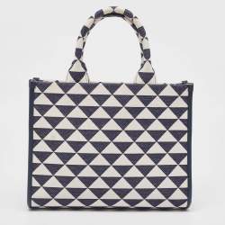 Pre Owned Prada Baltic Blue/Chalk White Embroidered Fabric Small Symbole Tote
