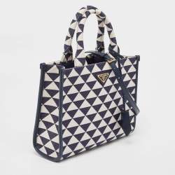 Pre Owned Prada Baltic Blue/Chalk White Embroidered Fabric Small Symbole Tote