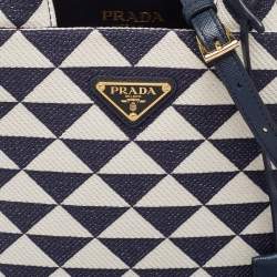 Pre Owned Prada Baltic Blue/Chalk White Embroidered Fabric Small Symbole Tote