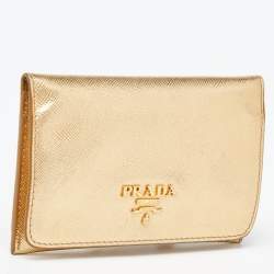 Pre Owned Prada Gold Saffiano Leather Business Card Case