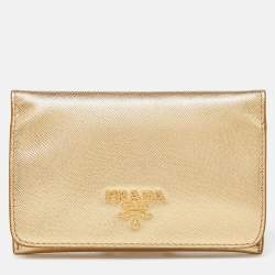 Pre Owned Prada Gold Saffiano Leather Business Card Case