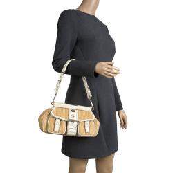Pre Owned Prada Beige/Off White Raffia and Ostrich Leather Frame Satchel