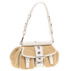 Pre Owned Prada Beige/Off White Raffia and Ostrich Leather Frame Satchel