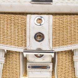 Pre Owned Prada Beige/Off White Raffia and Ostrich Leather Frame Satchel