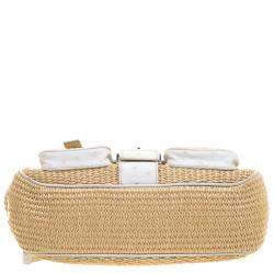 Pre Owned Prada Beige/Off White Raffia and Ostrich Leather Frame Satchel