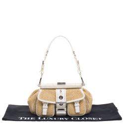Pre Owned Prada Beige/Off White Raffia and Ostrich Leather Frame Satchel