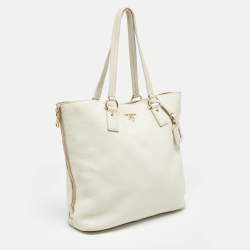 Pre Owned Prada White Vitello Daino Leather Side Zip Tote