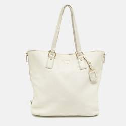 Pre Owned Prada White Vitello Daino Leather Side Zip Tote