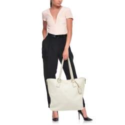 Pre Owned Prada White Vitello Daino Leather Side Zip Tote