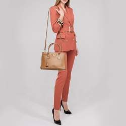 Pre Owned Prada Caramel Saffiano Lux Leather Small Galleria Double Zip Tote