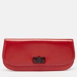 Pre Owned Prada Red Leather Turnlock Flap Clutch
