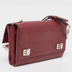 Pre Owned Prada Dark Red Saffiano Cuir Leather Double Shoulder Bag