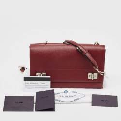 Pre Owned Prada Dark Red Saffiano Cuir Leather Double Shoulder Bag