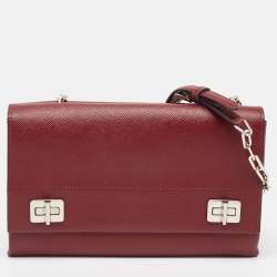 Pre Owned Prada Dark Red Saffiano Cuir Leather Double Shoulder Bag