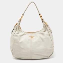 Prada Off White Vitello Daino Leather Zip Hobo