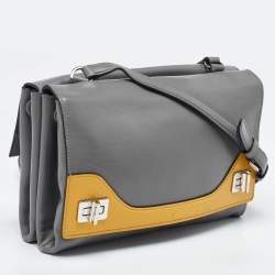 Pre Owned Prada Grey/Yellow Vitello Soft Leather Double Flap Bag