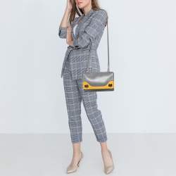 Pre Owned Prada Grey/Yellow Vitello Soft Leather Double Flap Bag