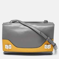 Pre Owned Prada Grey/Yellow Vitello Soft Leather Double Flap Bag