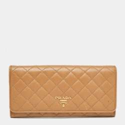 Pre Owned Prada Brown Quilted Saffiano Metal Leather Logo Flap Wallet