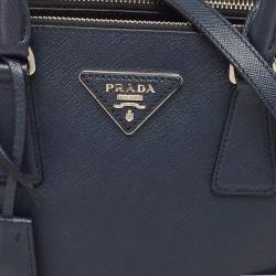 Pre Owned Prada Navy Blue Saffiano Lux Leather Small Galleria Double Zip Tote
