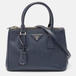 Pre Owned Prada Navy Blue Saffiano Lux Leather Small Galleria Double Zip Tote