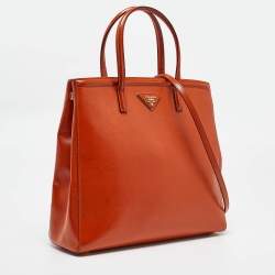 Pre Owned Prada Orange Saffiano Vernice Leather Parabole Tote
