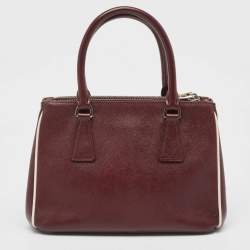 Pre Owned Prada Burgundy Saffiano Lux Leather Small Galleria Double Zip Tote
