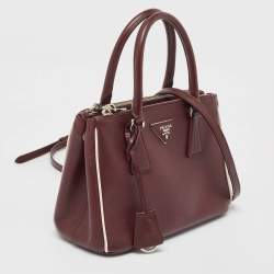Pre Owned Prada Burgundy Saffiano Lux Leather Small Galleria Double Zip Tote