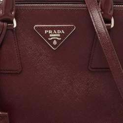 Pre Owned Prada Burgundy Saffiano Lux Leather Small Galleria Double Zip Tote