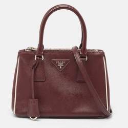 Pre Owned Prada Burgundy Saffiano Lux Leather Small Galleria Double Zip Tote