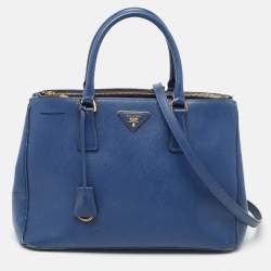 Pre Owned Prada Blue Saffiano Lux Leather Medium Double Zip Tote