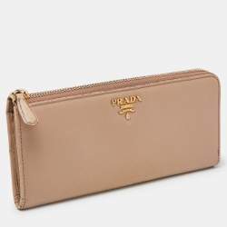 Prada Beige Saffiano Leather Zip Around Continental Wallet