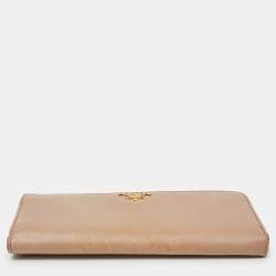 Prada Beige Saffiano Leather Zip Around Continental Wallet