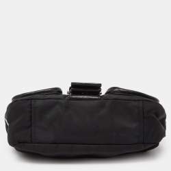 Pre Owned Prada Black Nylon and Leather Buckle Flap Baguette Bag