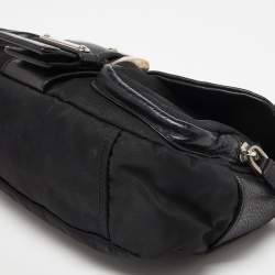 Pre Owned Prada Black Nylon and Leather Buckle Flap Baguette Bag