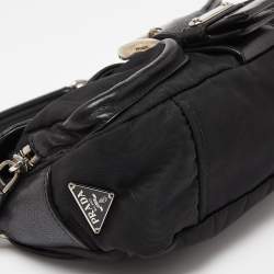 Pre Owned Prada Black Nylon and Leather Buckle Flap Baguette Bag