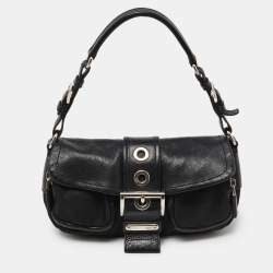 Pre Owned Prada Black Nylon and Leather Buckle Flap Baguette Bag