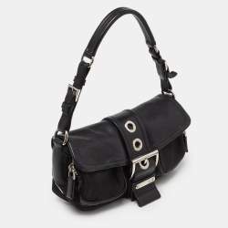 Pre Owned Prada Black Nylon and Leather Buckle Flap Baguette Bag