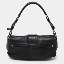 Pre Owned Prada Black Nylon and Leather Buckle Flap Baguette Bag