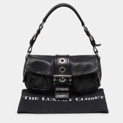 Pre Owned Prada Black Nylon and Leather Buckle Flap Baguette Bag