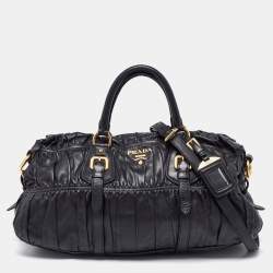 Prada Black Nappa Gaufre Leather Buckle Satchel