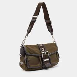 Pre Owned Prada Olive Green Tessuto and Leather Buckle Flap Shoulder Bag