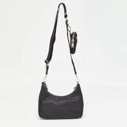 Prada Black Re Nylon and Leather Re-Edition 2005 Baguette Bag