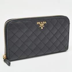 Pre Owned Prada Black Quilted Saffiano Leather Zip Around Wallet